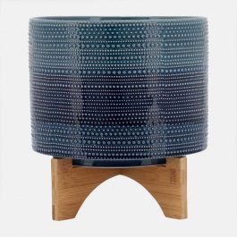 sg1534803 maceta ceramica con base madera azul pun