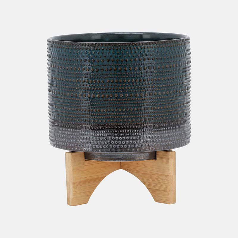 Maceta cerámica con base de madera puntos