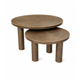 SM134 SET/2 MESAS REDONDAS DORADAS ESPIRAL DE MADERA